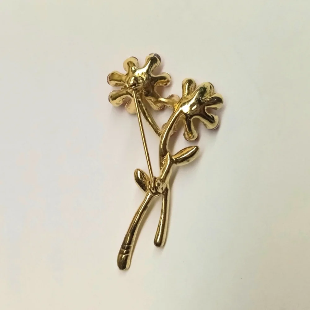 Antique 1940s Austrian pink and red glass gold plated flower brooch - Picture 4 of 8